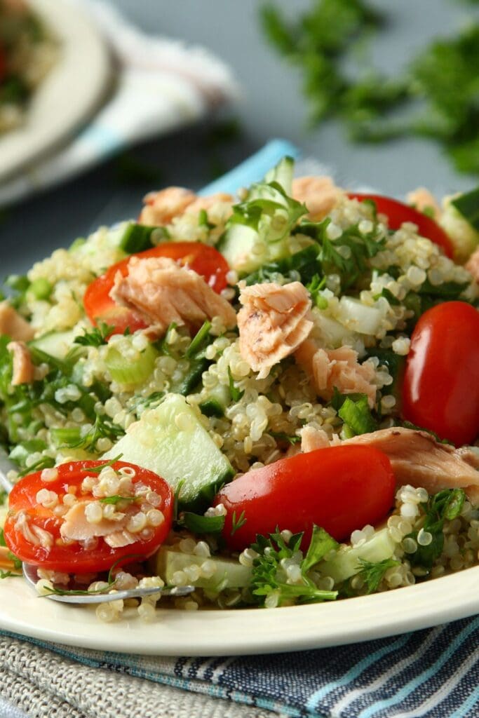 Quinoa Tabbouleh Salad with Tomatoes, Cucumber and Tuna