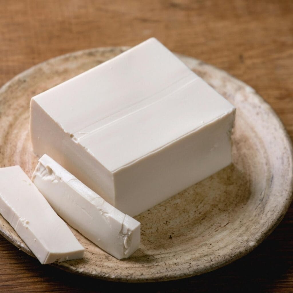 Fresh Tofu on a Wooden Dish