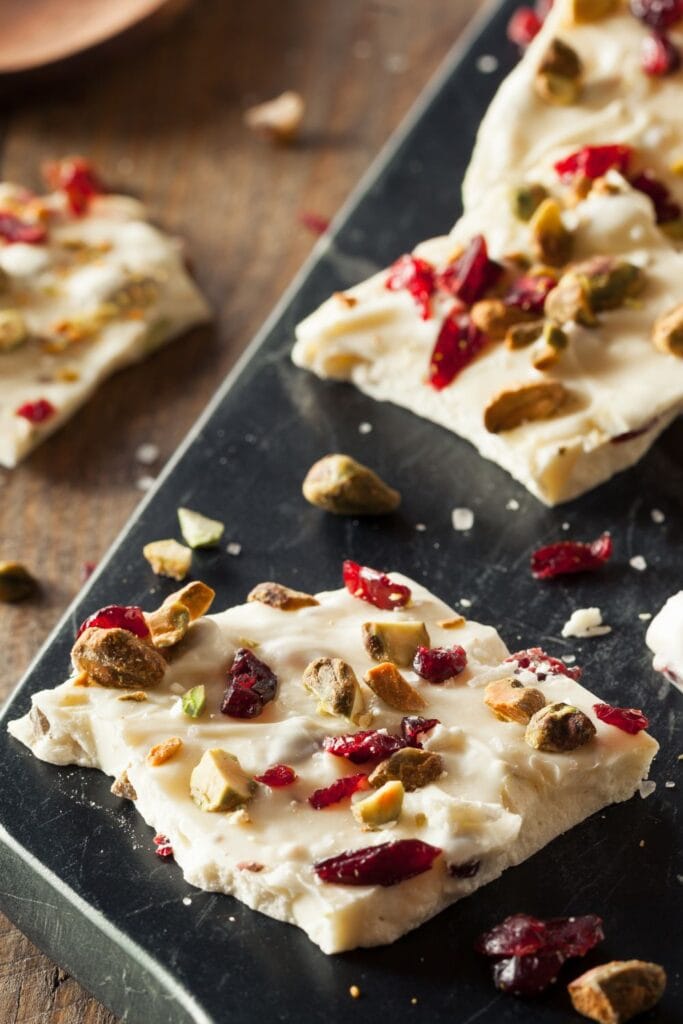 White Chocolate Christmas Bark with Dried Cranberries and Pistachios