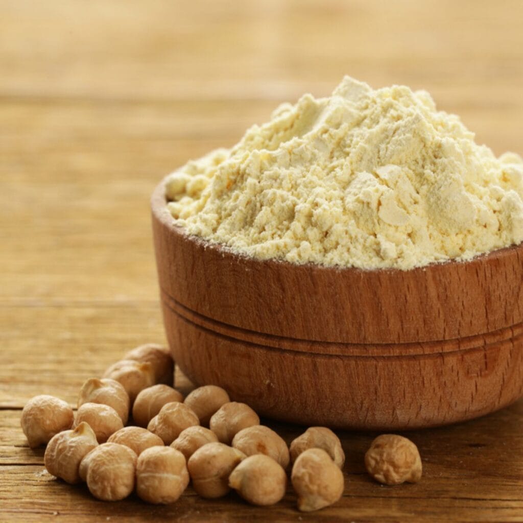 Chickpea Flour in a Wooden Bowl