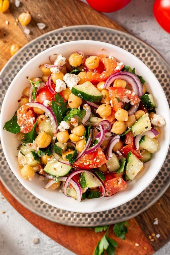 Chickpea Salad with Tomatoes, Onions, Cucumber and Feta Cheese