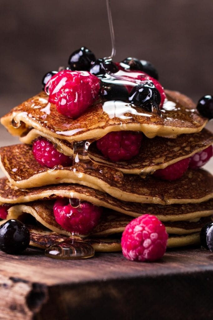 Homemade Buckwheat Flour Pancakes with Raspberries and Blueberries