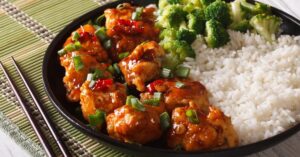 Homemade General Tso's Chicken with Pepper, Onions, Broccoli and Rice