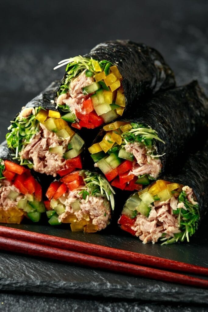Homemade Healthy Nori Wraps with Vegetables and Tuna