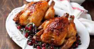 Homemade Roasted Wild Turkey with Wild Rice and Pomegranate in a White Plate
