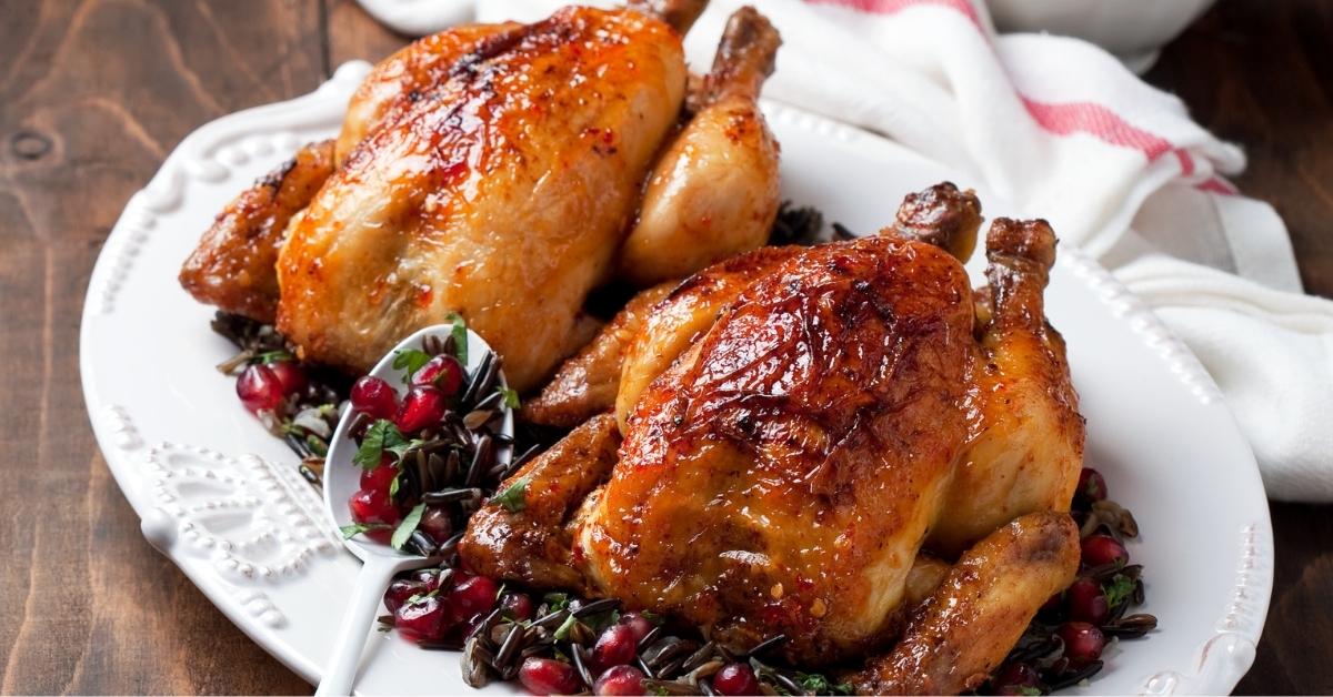 Homemade Roasted Wild Turkey with Wild Rice and Pomegranate in a White Plate