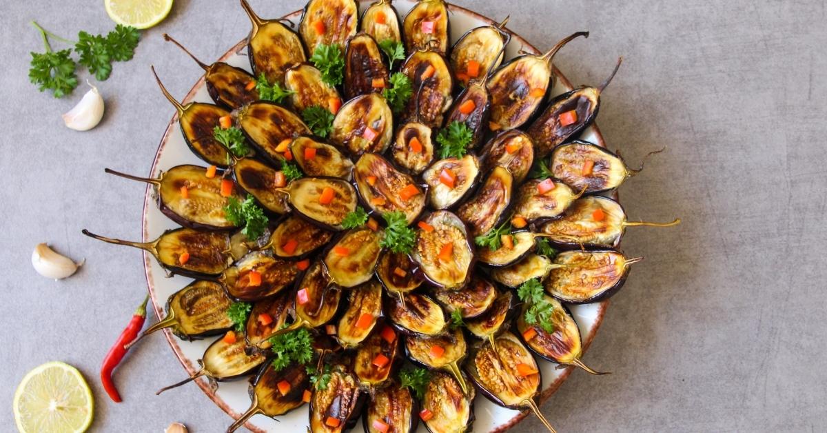 Homemade Spicy Roasted Baby Eggplant with Pepper, Garlic and Parsley