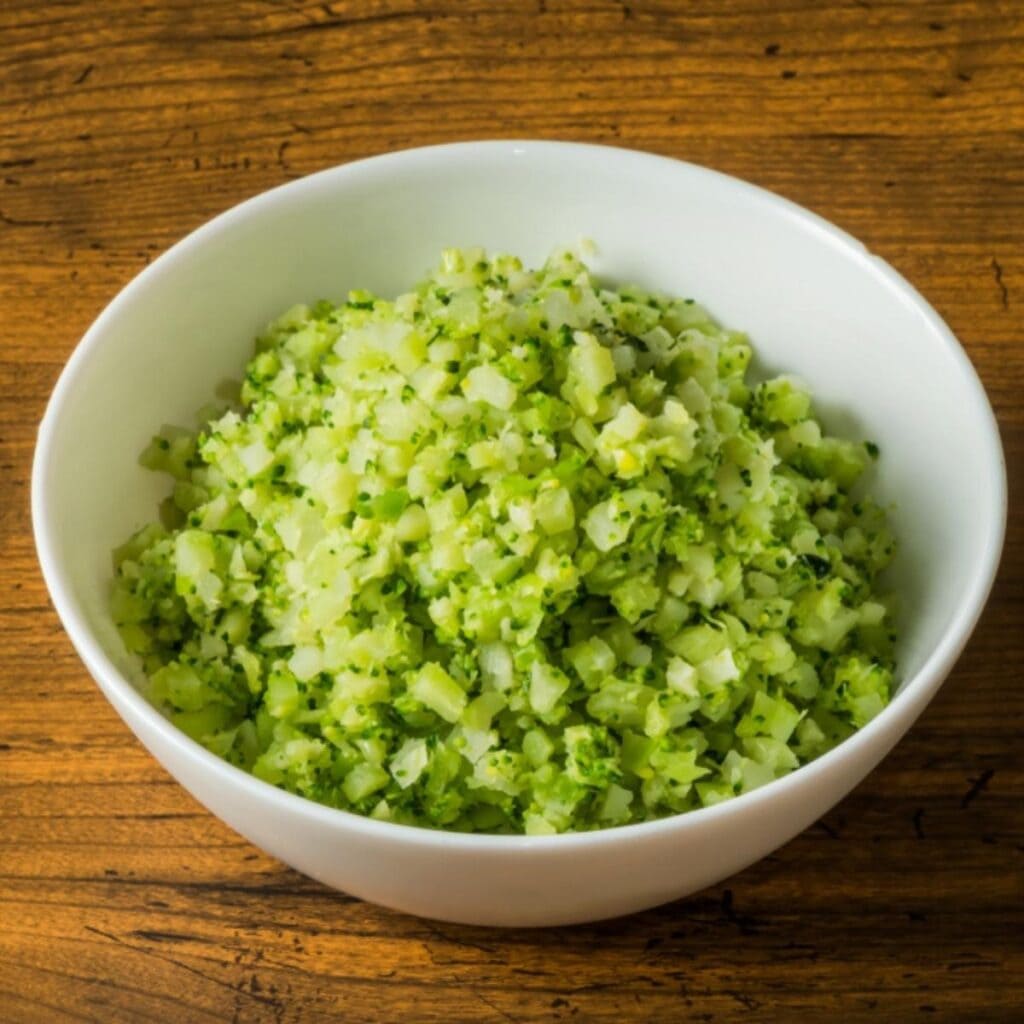 Riced Broccoli in a Small White Ceramic Bowl