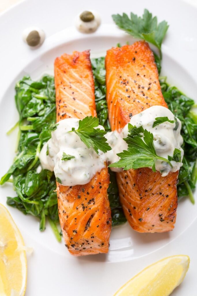 Salmon Steak with Tartar Sauce, Vegetables and Lemon