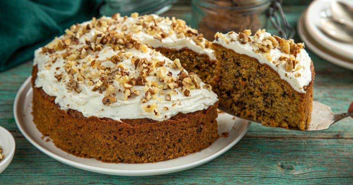 Sliced Carrot Cake with Walnuts and Sugar Glaze