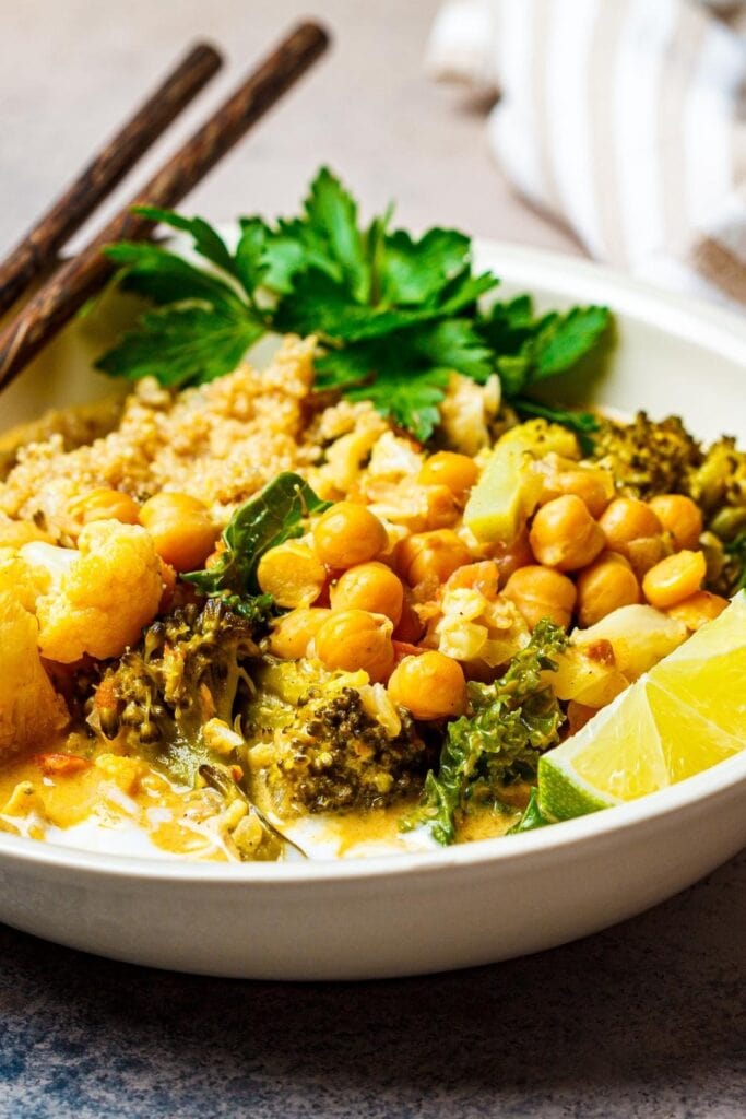 Chickpea Curry with Cauliflower, Kale and Broccoli