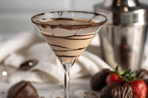 Close Up of Godiva Chocolate Martini with a Chocolate Drizzle in a Martini Glass with a Cocktail Shaker and Chocolate-Covered Strawberries in the Background