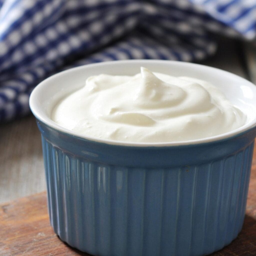 Greek Yogurt on a Small Blue Dish