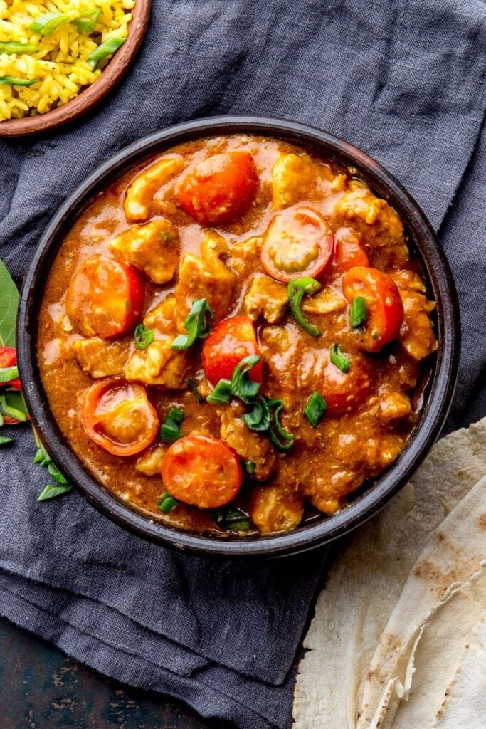 Indian Pork Curry with Rice and Naan Bread