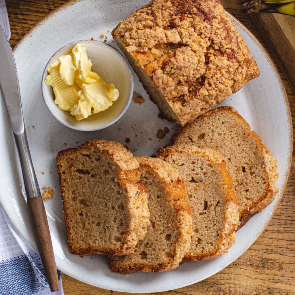 Sliced Banana Bread Top View with Butter