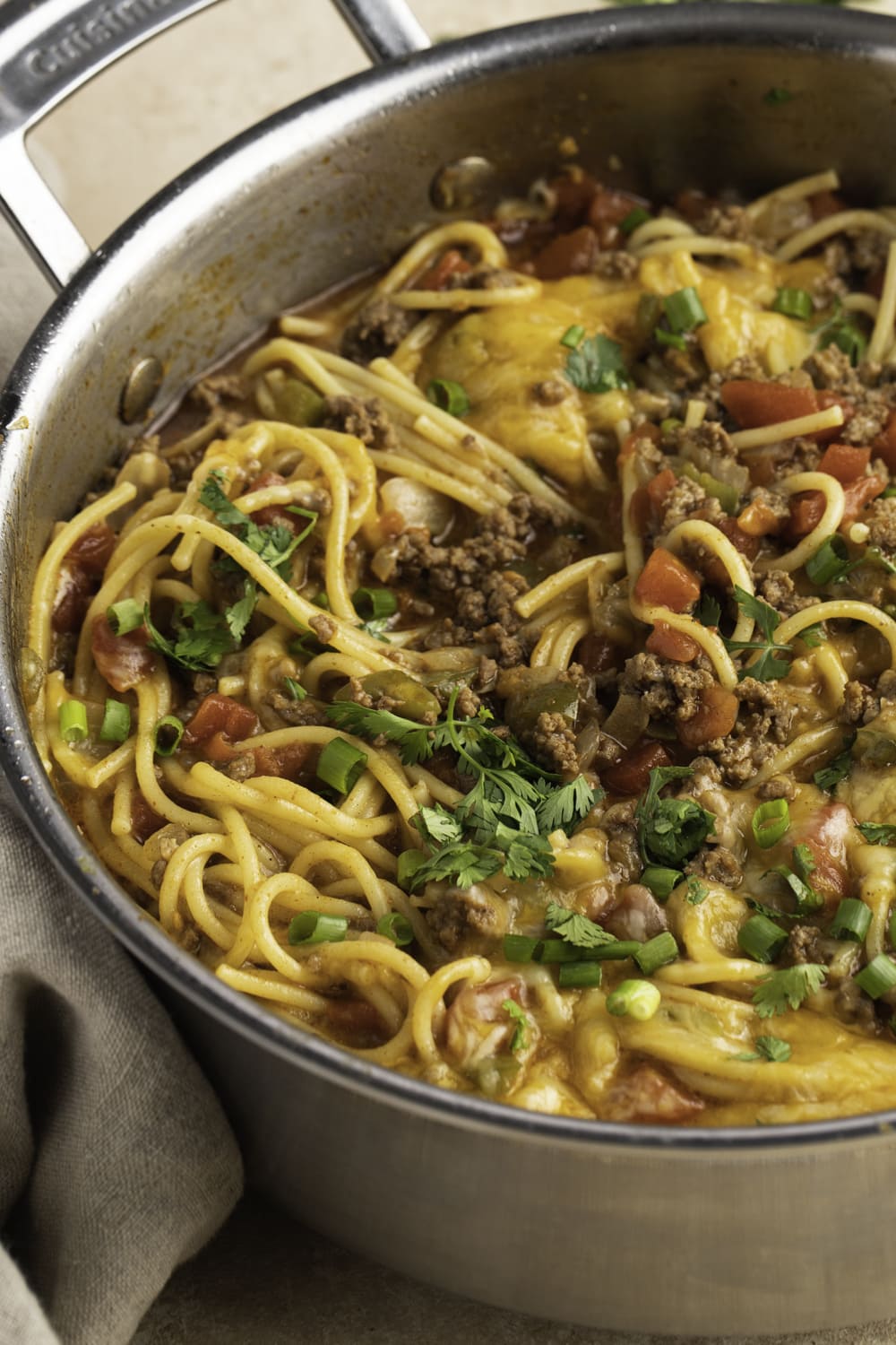 Taco Spaghetti in a silver pot