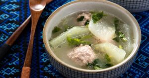 Warm White Pumpkin Meatball Soup in a Bowl