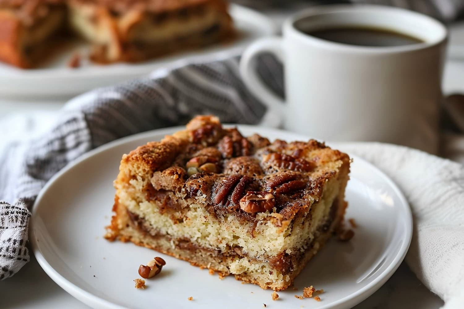 Sour Cream Coffee Cake on a Plate with a Mug of Coffee and More Cake in the Background
