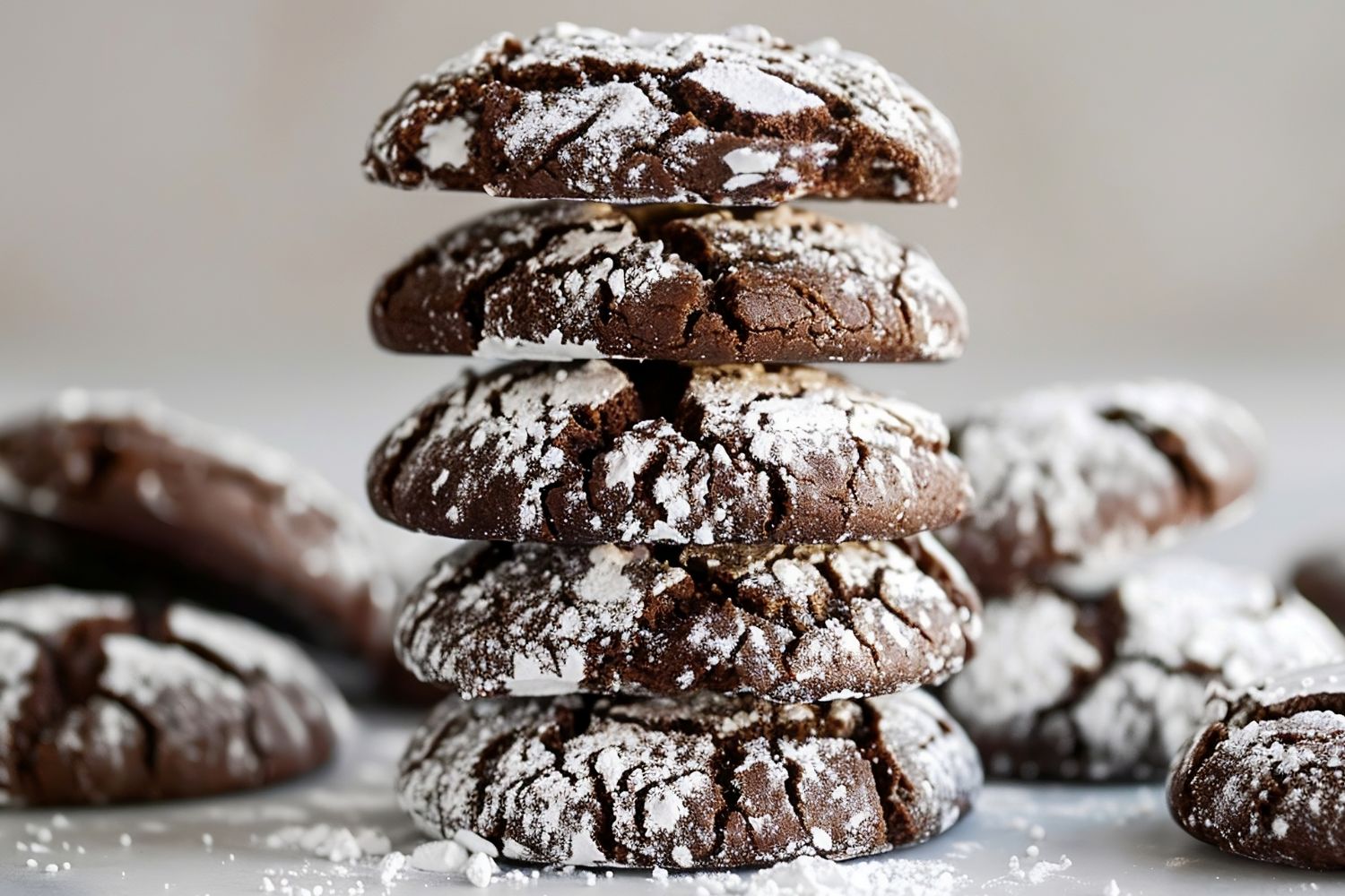 Stack of Chocolate Crinkle Cookies with Powdered Sugar on a White Marble Table and More Chocolate Crinkle Cookies in the Background
