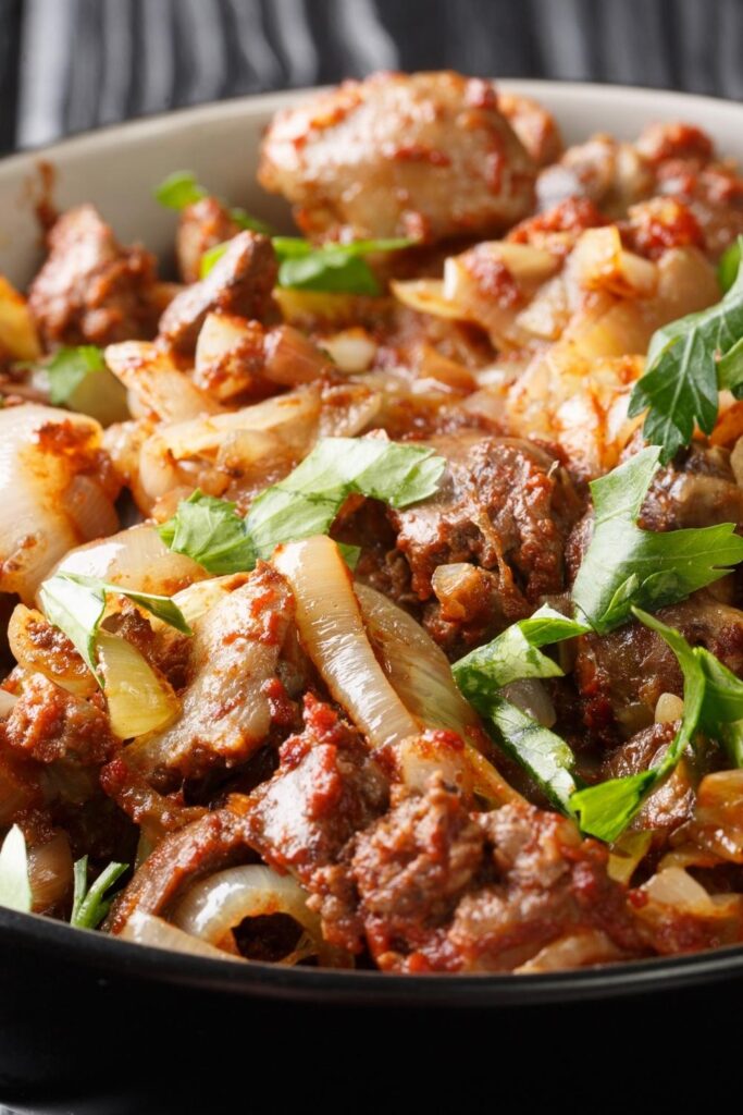 Fried Chicken Liver, Heart and Stomach with Onions and Herbs