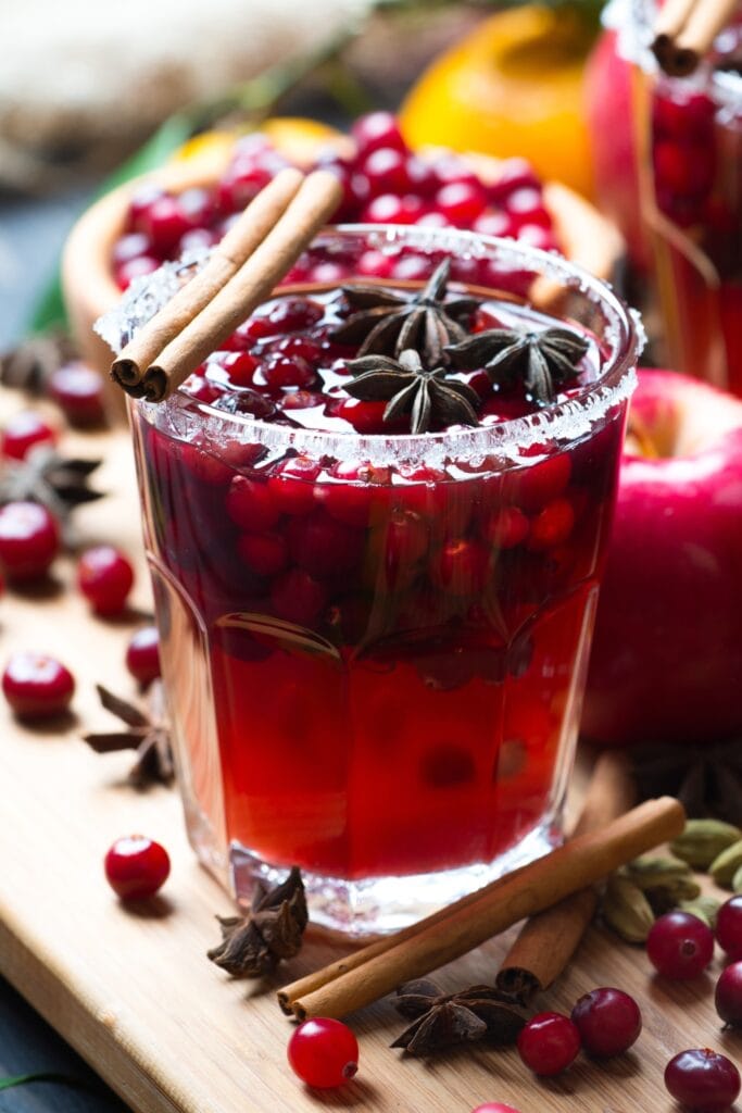 Hot Punch Cranberry Christmas Cocktail with Cinnamon