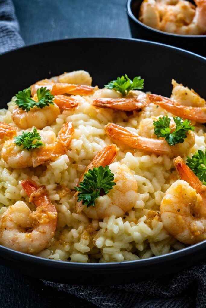 Shrimp Risotto in a Black Bowl