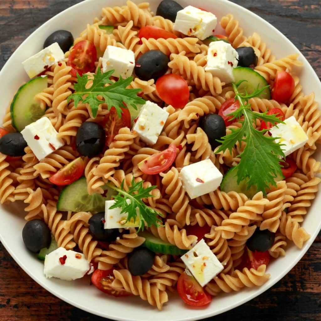 Bowl of Ina Garten's Tomato Feta Pasta Salad Recipe