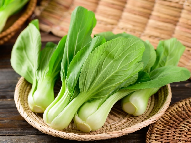 Fresh bok choy on a woven tray. 