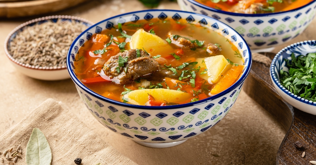 Bowl of Homemade Lamb Soup with Vegetables and Spices