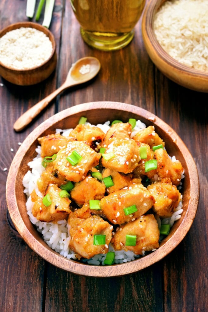 Firecracker Chicken in a bowl over Rice