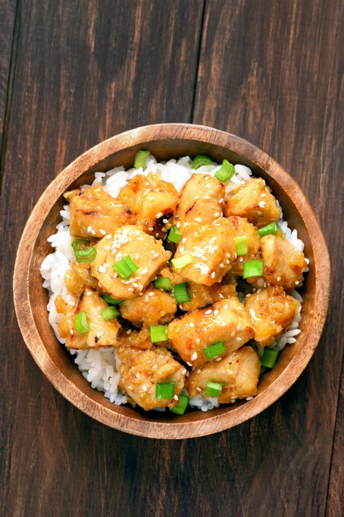 Firecracker Chicken in a bowl of rice