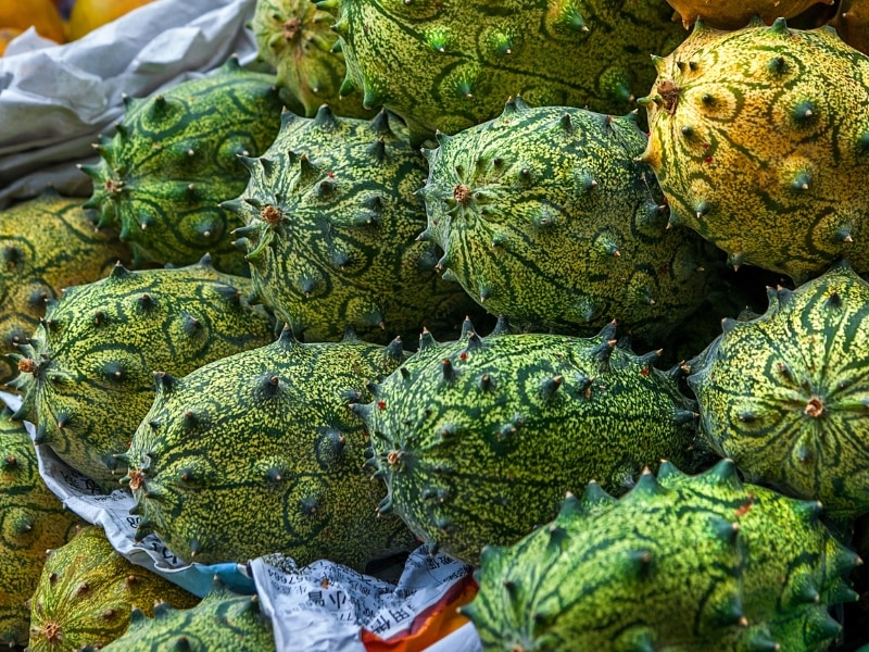 Green Kiwano on a Fruit Stand