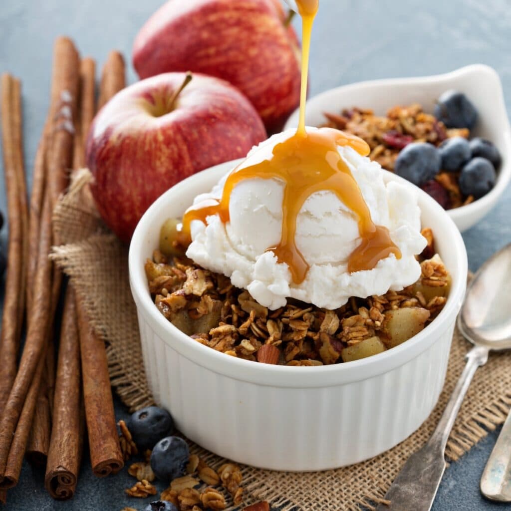 Homemade Apple Crisp with Ice Cream and Caramel Sauce