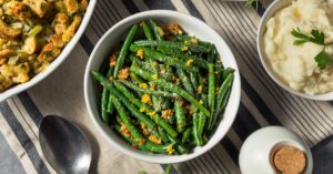 Homemade Thanksgiving Green Beans with Bread Stuffing and Mashed Potatoes