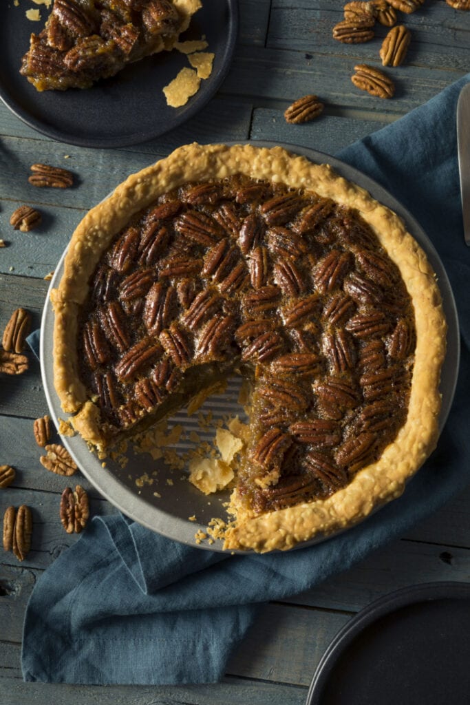 Pecan Pie on blue-grey table