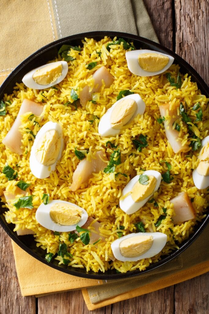 Traditional Homemade Kedgeree with Rice, Egg and Smoked Haddock