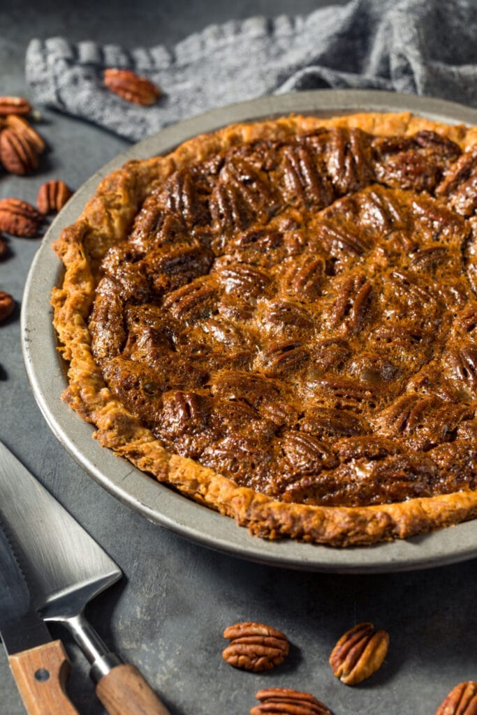 Karo Syrup Pecan Pie on grey table