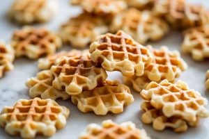 Close Up of Pile of Waffle Cookies on a White Marble Table