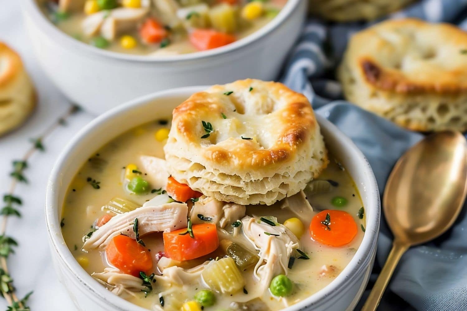 Bowls of Chicken Pot Pie Soup with Chicken, Carrots, Celery, Peas, Onions, and Corn, Served with Biscuits, Spoon to the Side