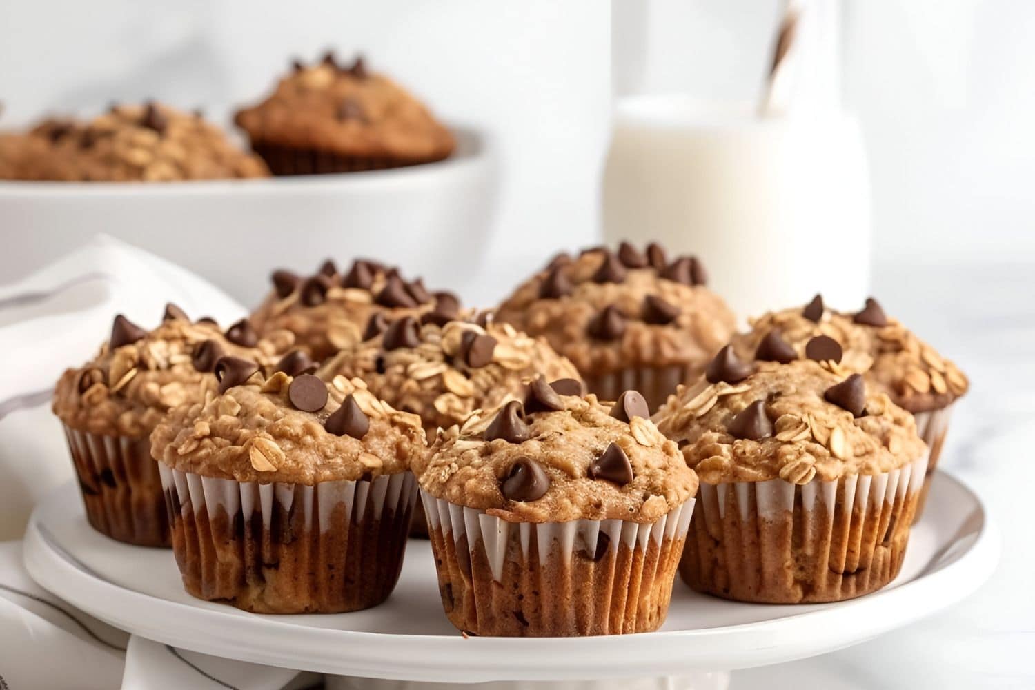 Chocolate Chip Oatmeal Muffins on a White Cake Tray with a Glass of Milk