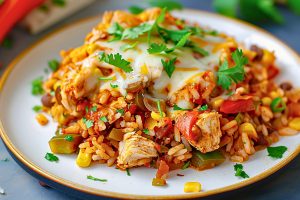 Mexican Chicken and Rice on a Plate with Melted Cheese and Fresh Cilantro