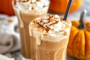 Two Pumpkin Milkshakes in Tall Glasses with Whipped Cream and Cinnamon with Pumpkins in the Background