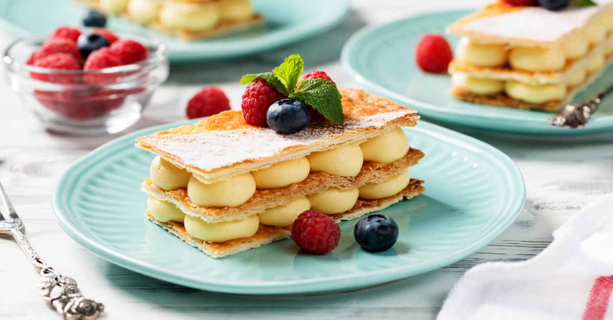 Sweet Homemade Mille Fuilles with Vanilla Pastry and Berries