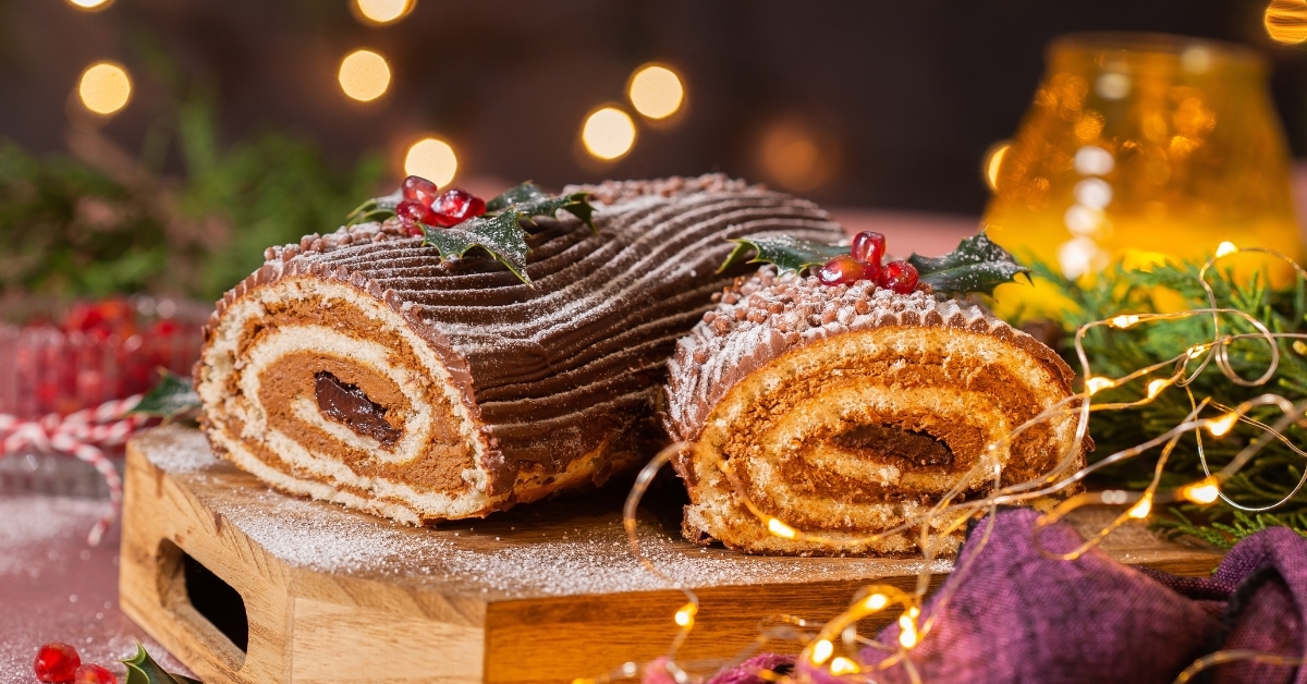 Sweet Homemade Yule Log Cake with Chocolate Filling