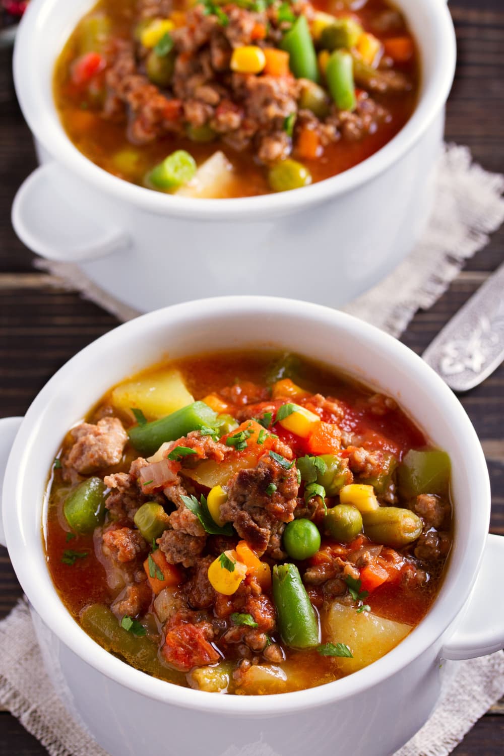 Two Small Bowls of Ground Beef Vegetable Soup