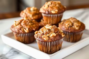 Banana Nut Muffins Stacked on a Square White Plate on a White Marble Table