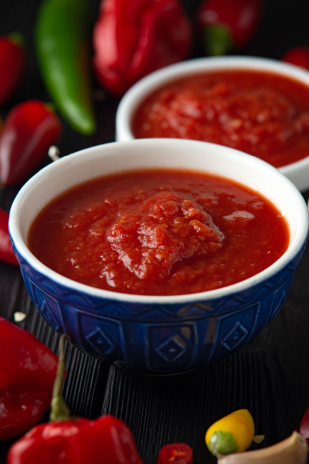 Closeup view of bowl of chili sauce