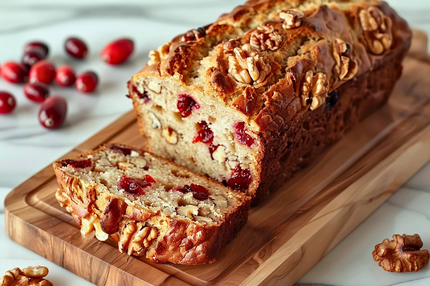 Loaf of Cranberry Orange Bread with a Slice Cut on a Wooden Cutting Board with Whole Cranberries and Walnuts