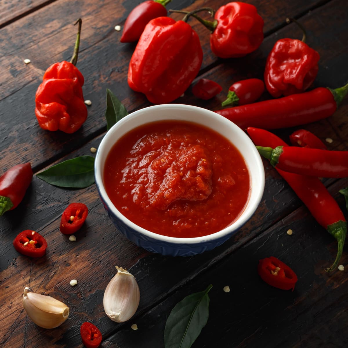 Red chili sauce on a blue bowl with chilis on the background on top of wooden table