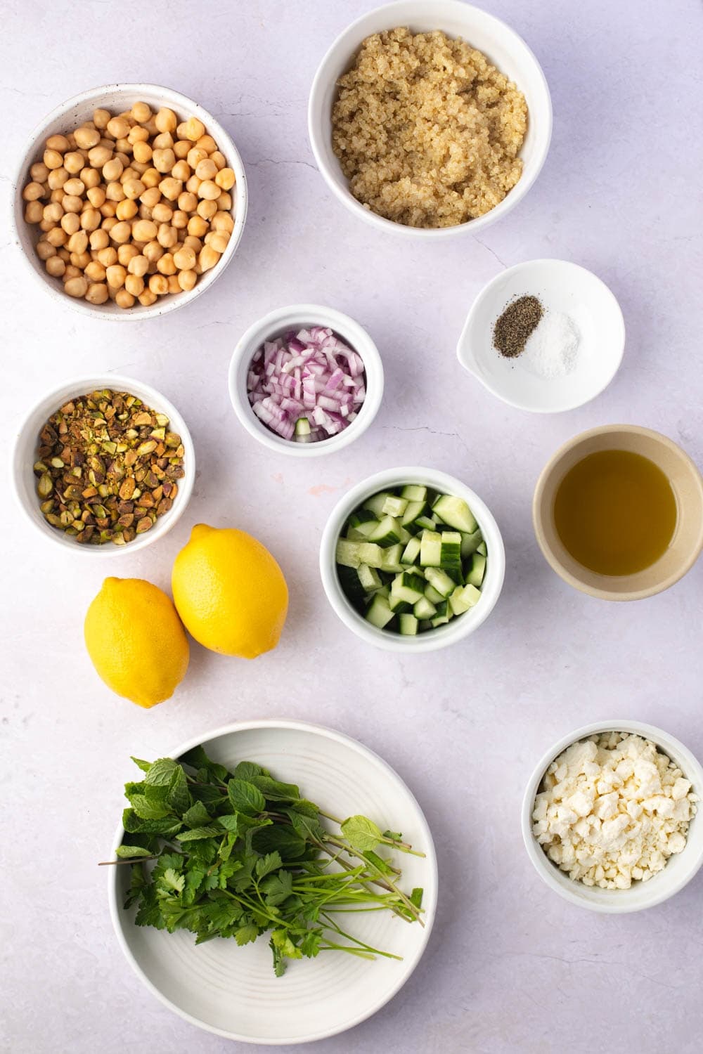 Jennifer Aniston Salad Ingredients - Quinoa, Cucumber, Parsley, Mint, Onion, Pistachios, Chickpeas and Feta Cheese